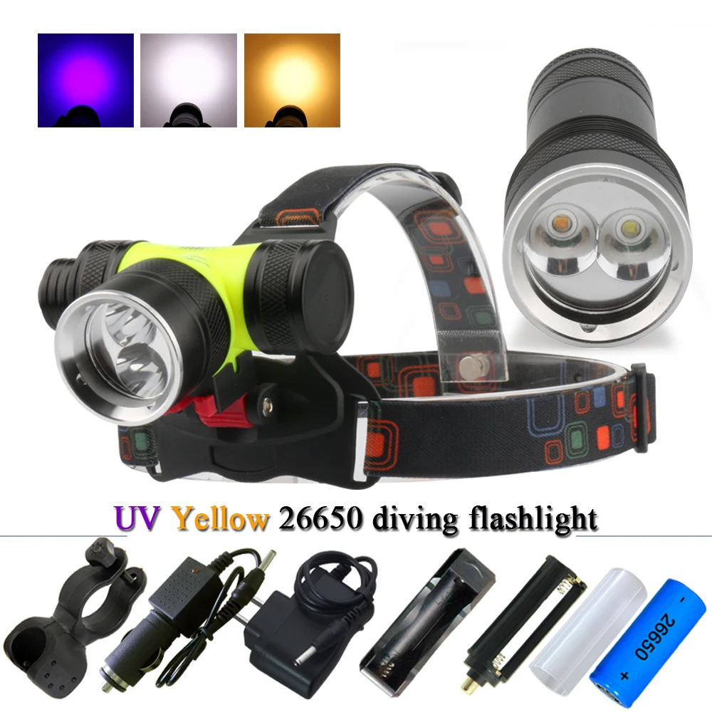 Дайвинг светодиодные фары многофункциональный УФ hoofdlamp водонепроницаемый