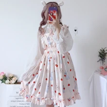 נשים מתוק לוליטה dess ילדה חמוד ארנב ורוד שמלת תות פרעו בועת שמלת עלים נסיכת שמלת seethrough שיפון חולצה(China)