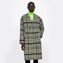 Модные женские A0927T5 Европа и США осень длинный твидовый в клетку пальто#1530