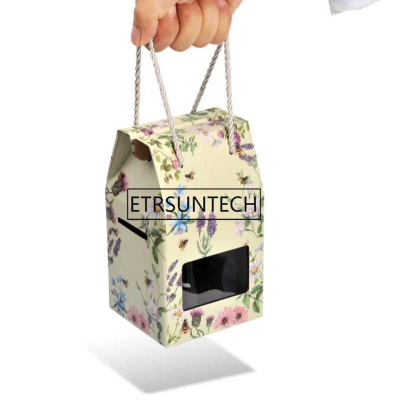 

Window Box Kraft Paper Gift Box Flower Print Honey Jam Tea Sugar Packaging Box Candy Box With Handle 50pcs