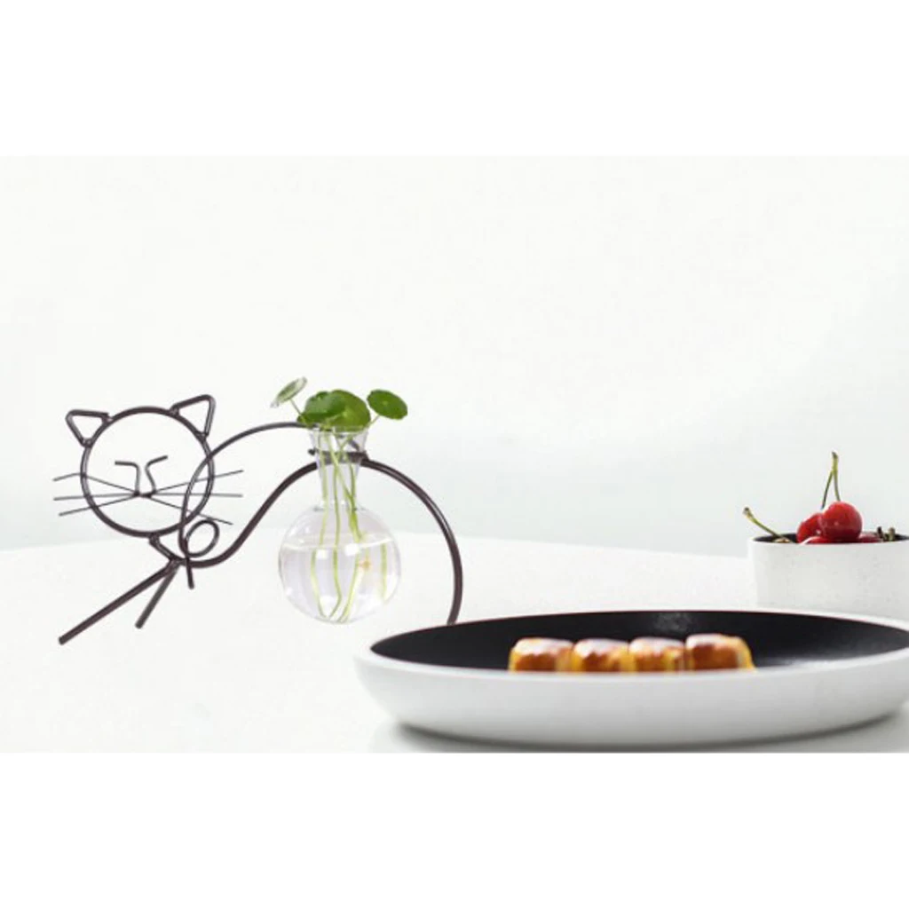 Glass Vase Cat Shape Hydroponic Container Terrarium With Metal Stand Flower Pots for home office house Decoration