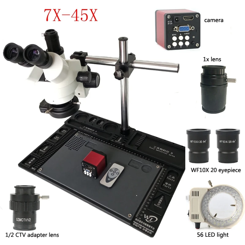 

13MP microscope camera 7X-45X simul-focal stereo three-eye zoom vertical microscope aluminum alloy, welding repair tool