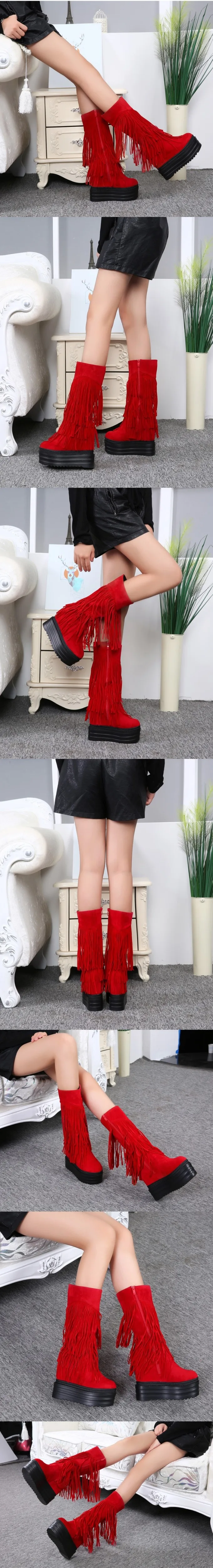 Fashion Womens High Heel Mid Calf Tassel Boots Cheap Black Red Platform Wedge Suede Shoes 2018 Winter13