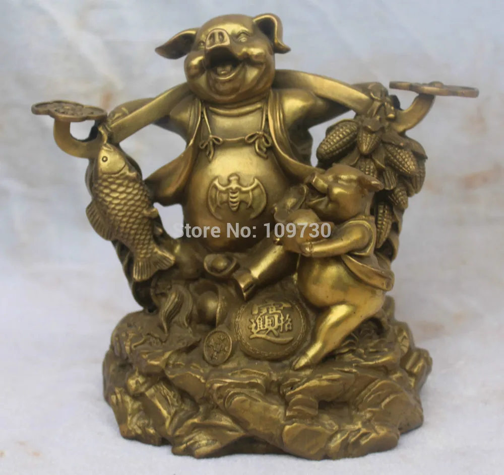 

002550 Chinese Wealth YuanBao Fish Foo Fu Myth Bronze Pig Swine Zhu Bajie Ruyi Statue