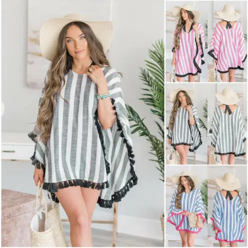 Fashion Nova Women Ladies Bikini Cover Up V-neck Long Batwing Sleeve Loose Swimsuit Striped Dress Swimwear Beach Dresses S-XL