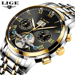 Lige бренд золотые часы Для мужчин Top Luxury Автоматическая механические часы Для мужчин Нержавеющая сталь часы Бизнес Часы Relogio Masculino