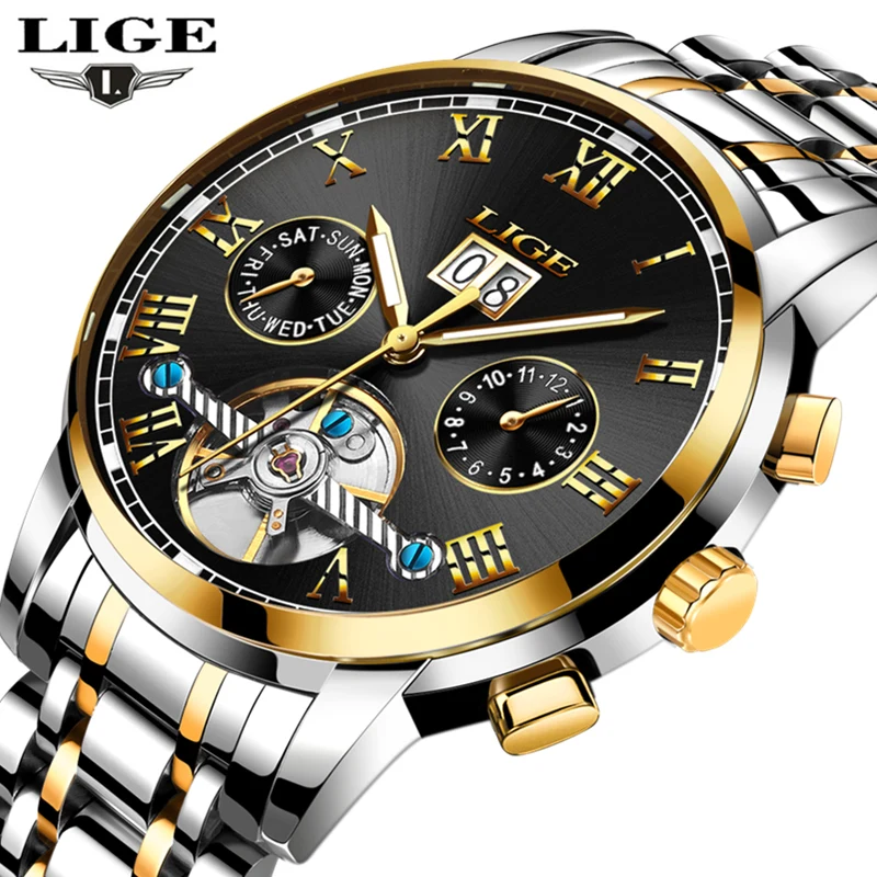 

LIGE Brand Gold Watch Men Top Luxury Automatic Mechanical Watch Men Stainless Steel Clock Business Watches Relogio Masculino