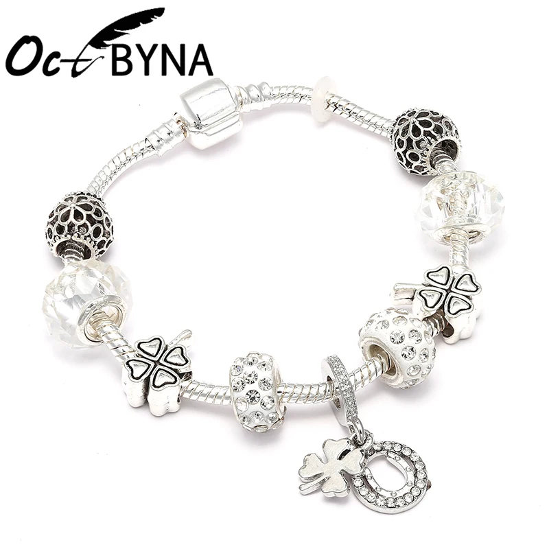 Octbyna Vogue серебряный цвет кулон на удачу в виде клевера белые хрустальные бусины