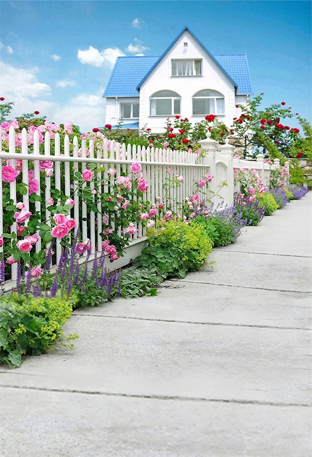 Laeacco House Yard Fence Flowers Photographic Backdrops Customized Photography Background For Photo Studio Laeacco House Yard Fence Flowers Photographic Backdrops Customized Photography Background For Photo Studio
