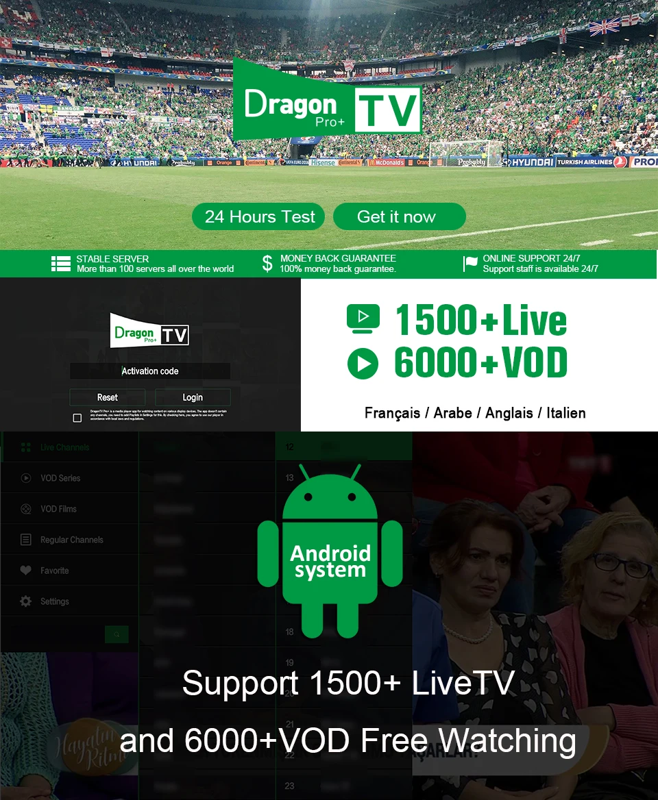 Dragon tv Pro Plus IP tv с H.265 каналов лучший французский арабский IP tv подписка 1500+ Live 6000+ VOD 1 год для Android tv BOX