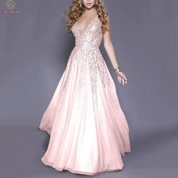 

Deep V Neck Pink Evening Dresses 2019 Latest Elegant Crystal A Line Formal Party Long Prom Gowns Chiffon Backless abendkleid