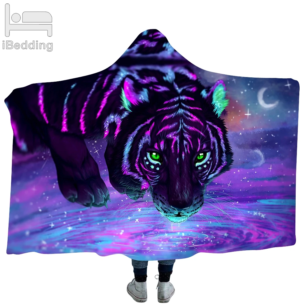 

Colored Fluorescent Tiger Pattern 3D Printed Plush Hooded Blanket for Adults Kid Warm Wearable Fleece Throw Blankets
