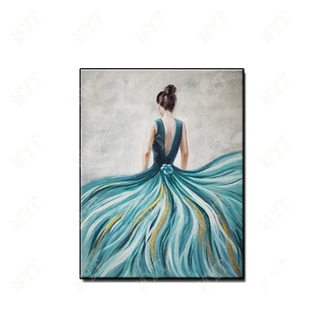 

Hot sale girl wearing halter blue dress modern Handpainted figure Oil Painting wall art on Canvas for living Room home Decor
