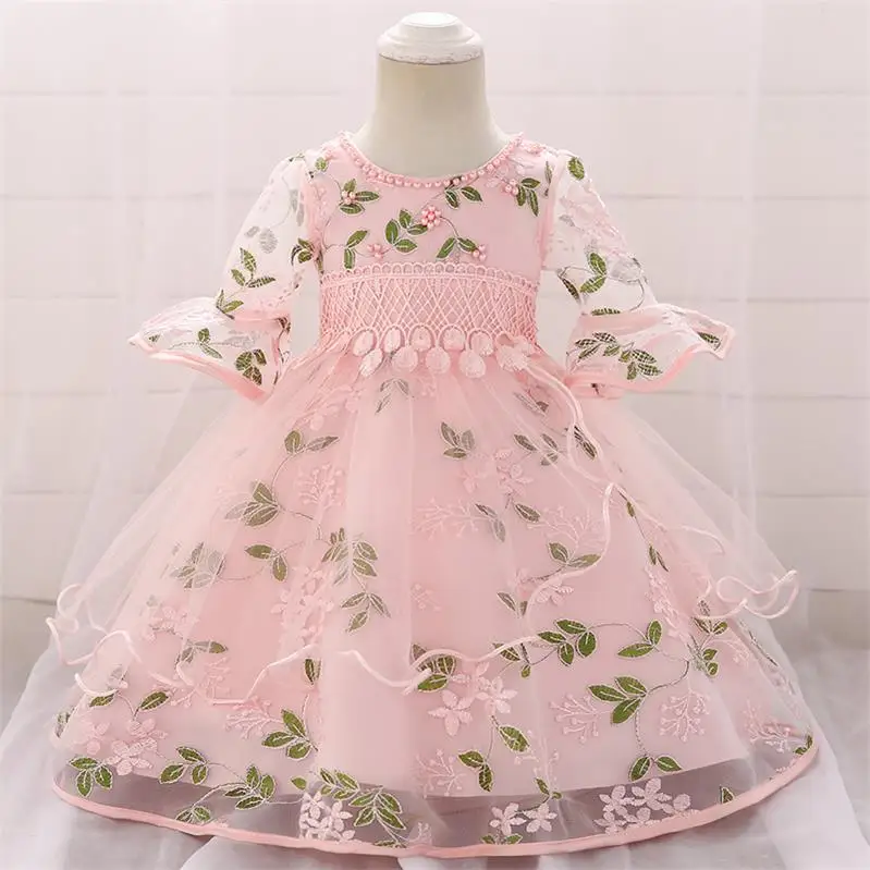 Г. Зимняя одежда платье для маленьких девочек платье с длинными рукавами для девочек, платье для первого дня рождения, свадьбы, крещения, платье принцессы от 3 до 9 месяцев - Цвет: Pink