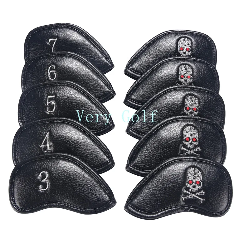 10pcs Skull Thick Pu Synthetic Leather Golf Club Iron Head Covers Set Headcovers Black_