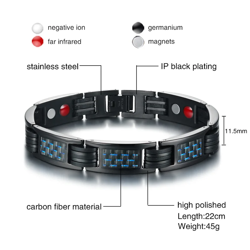 Vinterly, черный браслет для здоровья, мужской браслет из нержавеющей стали, синий, углеродное волокно, стальной магнитный браслет, мужской Энергетический Браслет-цепочка для мужчин
