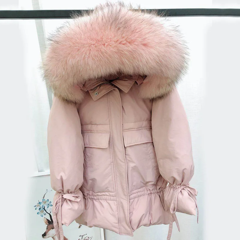 

Winter Jacket Women 2018 Large Real Raccoon Fur Collar White Duck Down Long Parkas Down Coats Female Winter Hooded Parka