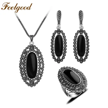 

Feelgood Antique Silver Color Jewellery Vintage Black Jewelry Set Crystal And Resin Big Long Pendant Necklace Earrings Ring Sets