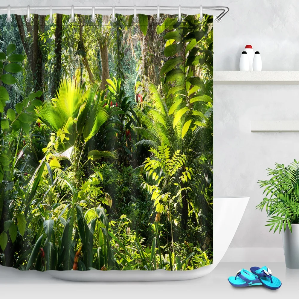 LB 72'' Tropical Jungle Fragrant Foliage Green Shower Curtains Palms Tree Bathroom Curtain Fabric Polyester for Bathtub Decor