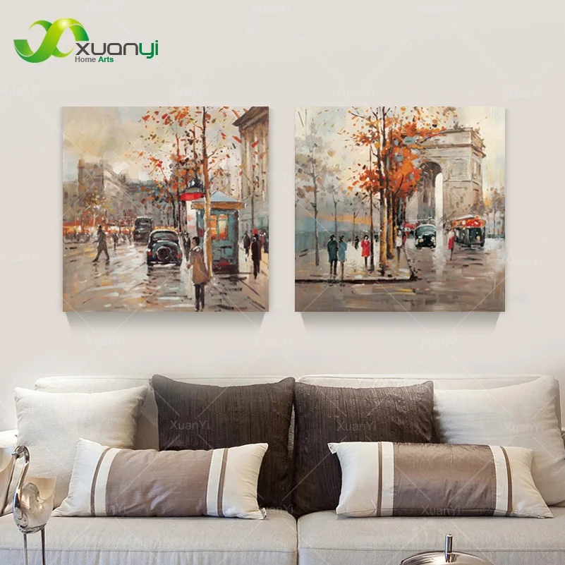 2 Pieces Canvas Art Modern Painting Street Landscape Oil Painting Wall Art Picture For Living Room Canvas Prints Unframed PR1167