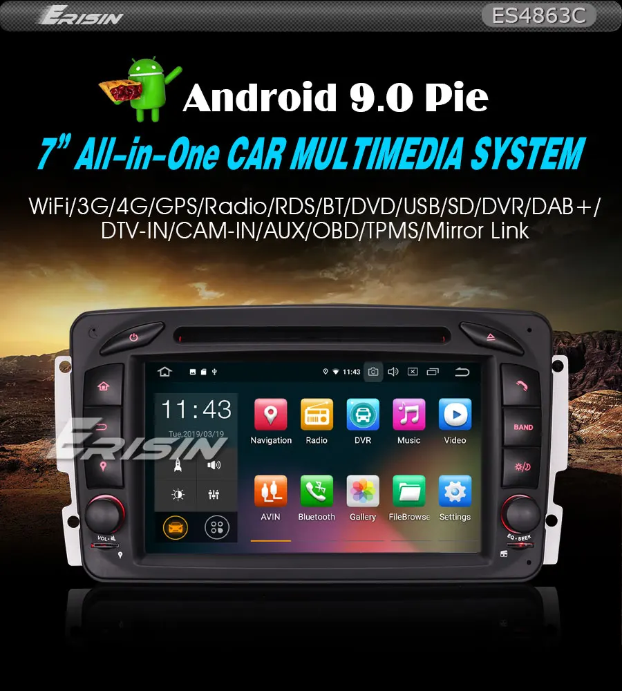 Excellent 7" Android 9.0 OS Car DVD Multimedia GPS Radio for Mercedes-Benz C-Class W203 S203 2000-2005 & CLK-Class C209 W209 1998-2004.5 1