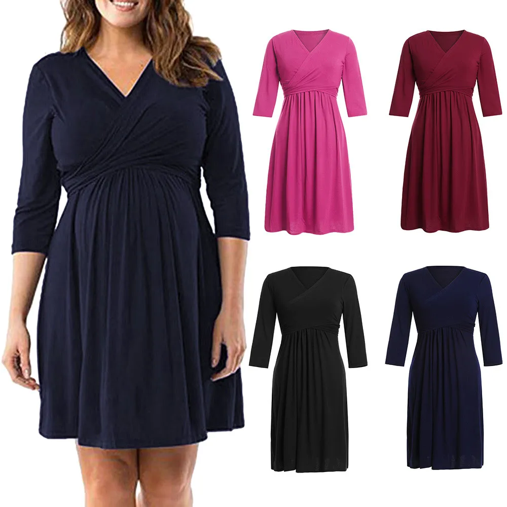 

Women's Pregnancy V Collar Long Sleeve Dress Maternity Solid Color Sundress