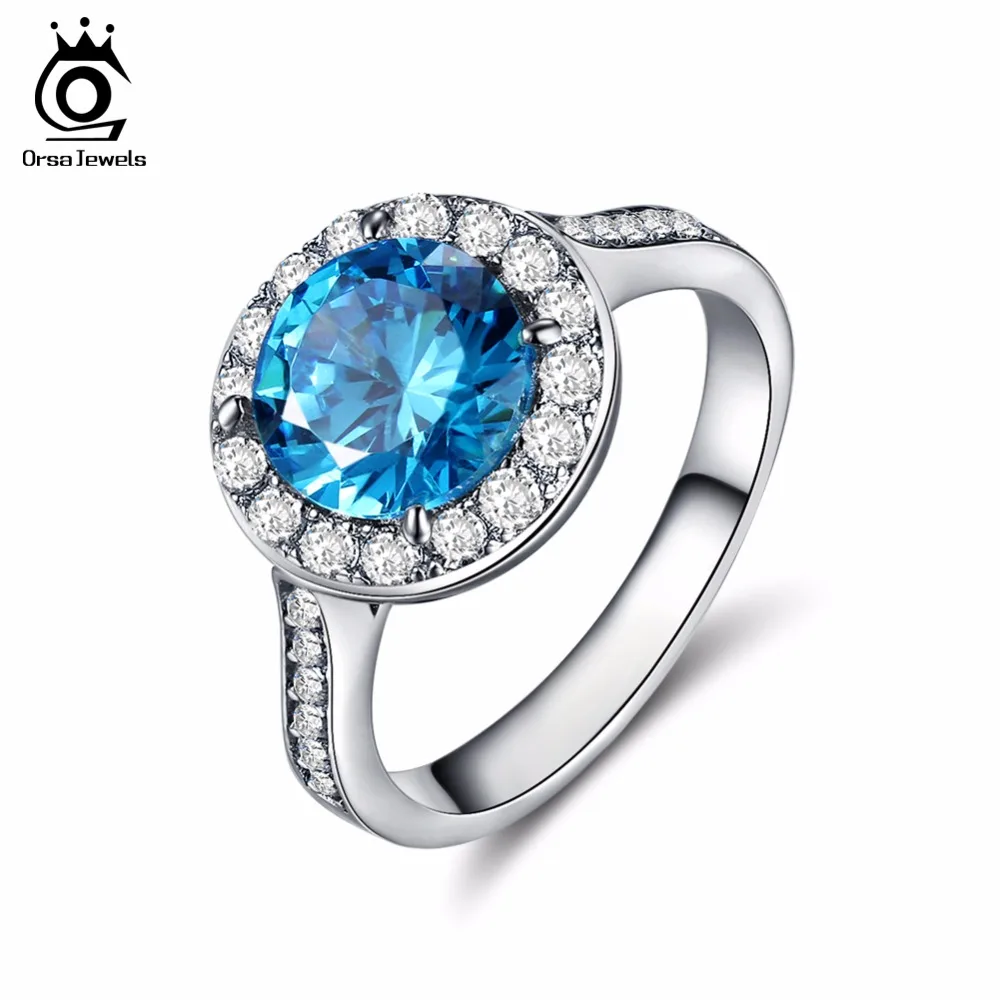 

ORSA JEWELS New Fashion Women Silver Color Rings with Big Size Charm Blue AAA Austrian Cubic Zirconia 2019 Rings Jewelry OR134