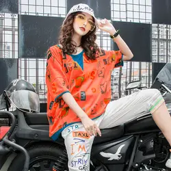 Женский летний негабаритный сарафан с коротким рукавом Свободная Повседневная футболка с принтом женская уличная хип хоп Harajuku футболка
