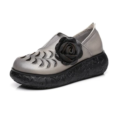 GKTINOO/ г., Женская Осенняя обувь из натуральной кожи на высоком каблуке винтажные туфли ручной работы на танкетке с цветочным принтом женские туфли-лодочки - Цвет: Серый