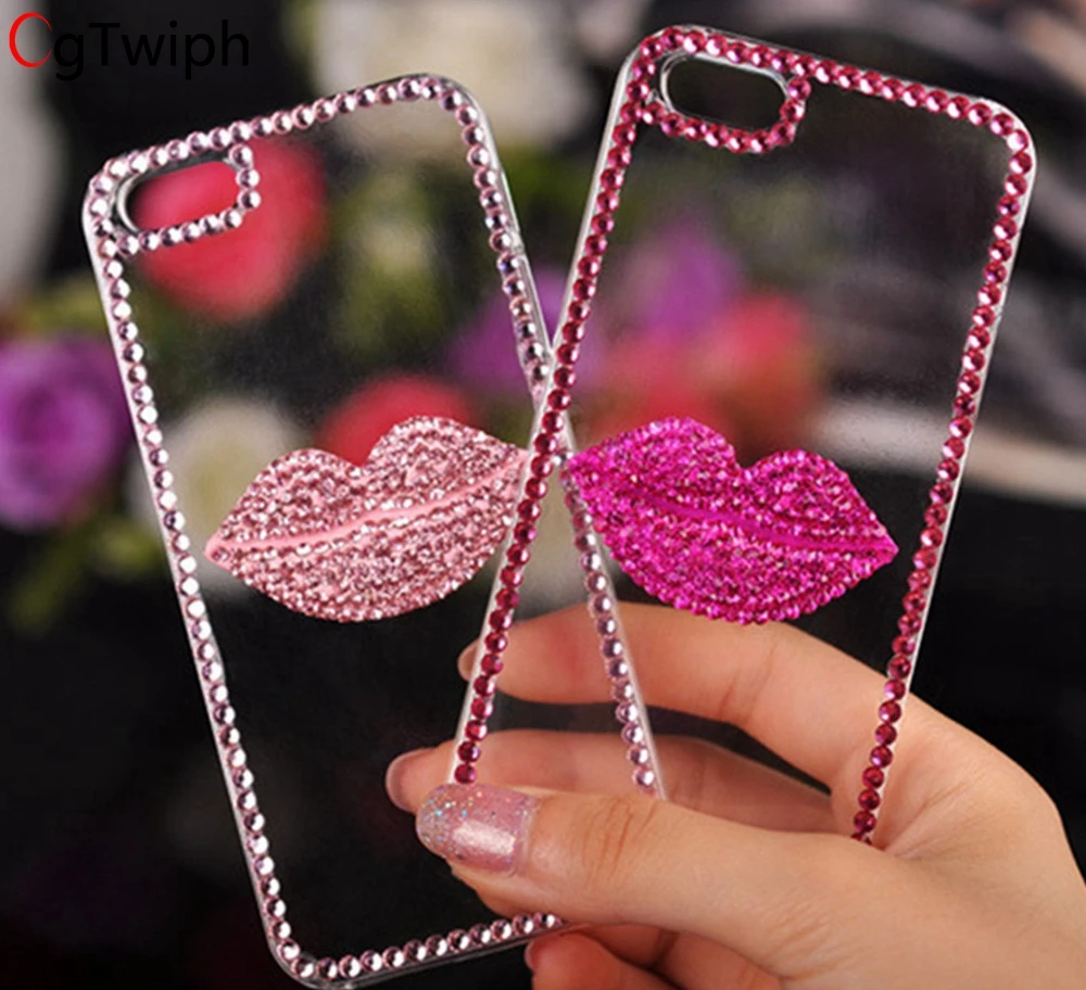 Bling розовый бриллиант губ Прозрачный чехол для iPhone Xs Max XR 5S 5C 6 6s плюс 7 plus 8 4S случае