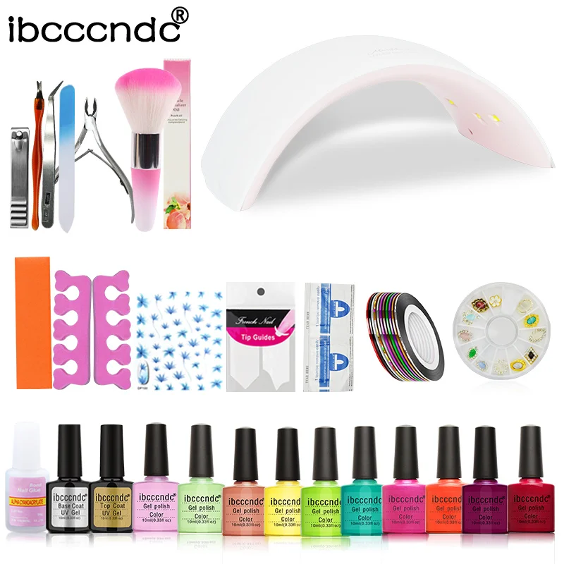 

Manicure Tool 10 Color 10ml UV Gel Base Top Coat Polish + 24W Led Lamp French Tip Remover Nail Sticker Nail Art Practice Set