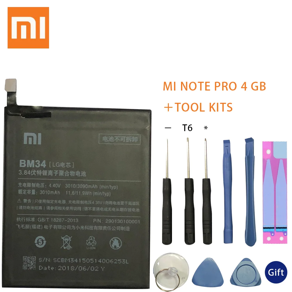 

XiaoMi Original Replacement Battery BM34 For Xiaomi Mi Note Pro 100% New Authentic Phone Battery 3090mAh