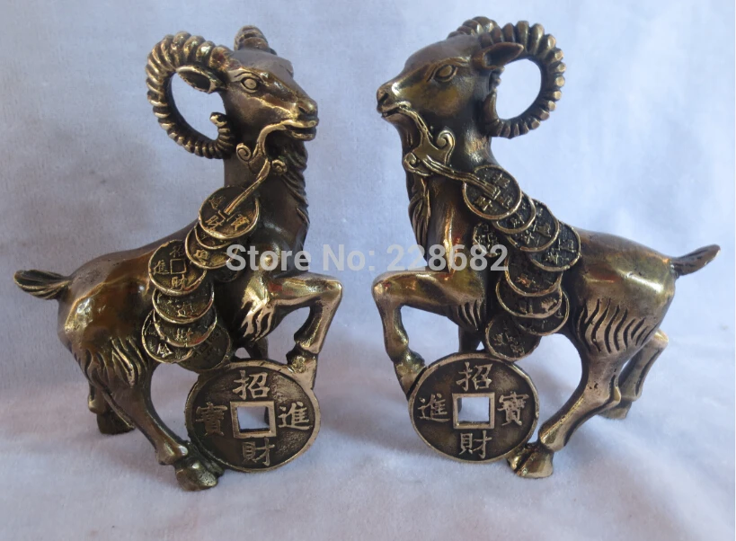 

Metal Crafts Home Decoration Crafts A pair of Chinese Old copper carved lucky Goat Sculpture/Chinese Feng Shui money Goat Statue