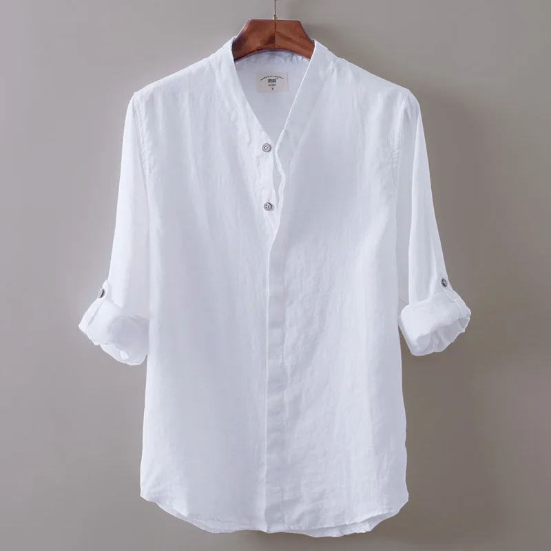 

High Quality Mens White Linen Shirts Collapsible Sleeve Shirt V-neck Slim Fit Solid Color Stand Collar Soft Mens Hemp Clothing