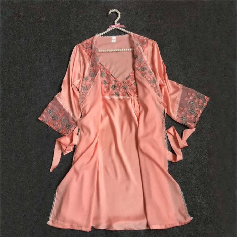 Кружевное атласное платье, однотонная мягкая ночная рубашка, ночная рубашка, сексуальное женское кимоно, халат, одежда для сна, свадебные халаты для подружки невесты, пижамы - Цвет: Оранжевый