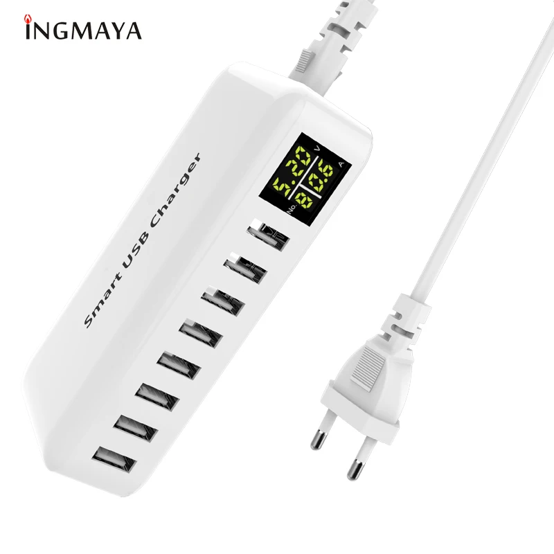 INGMAYA Multi Port USB լիցքավորիչ 5V8A LED Showույց տալ իրական ժամանակի լիցքավորում iPhone iPad Mini- ի համար Samsung Huawei Pixel Mi DV AC Power Adapter
