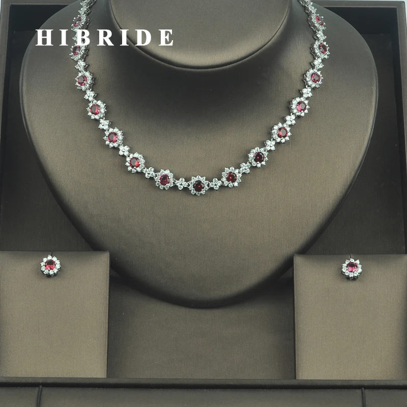 HIBRIDE Elegant Flower Red Cubic Zirconia Earring Necklace Jewelry Sets For Women Bridal Dress Accessories Set Gifts N-329 | Украшения и