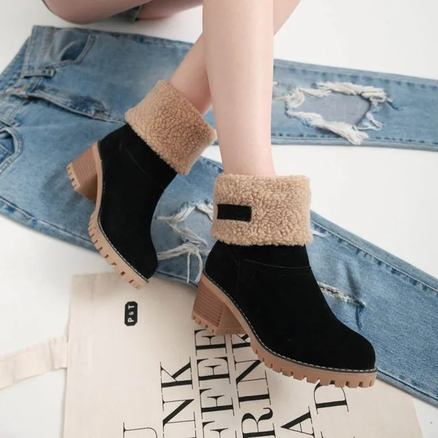 Women’s Boots Ladies Winter Round Toe Shoes Flock Warm Martin Slip-On Snow Boots Outdoor PU Leather Short Bootie T#