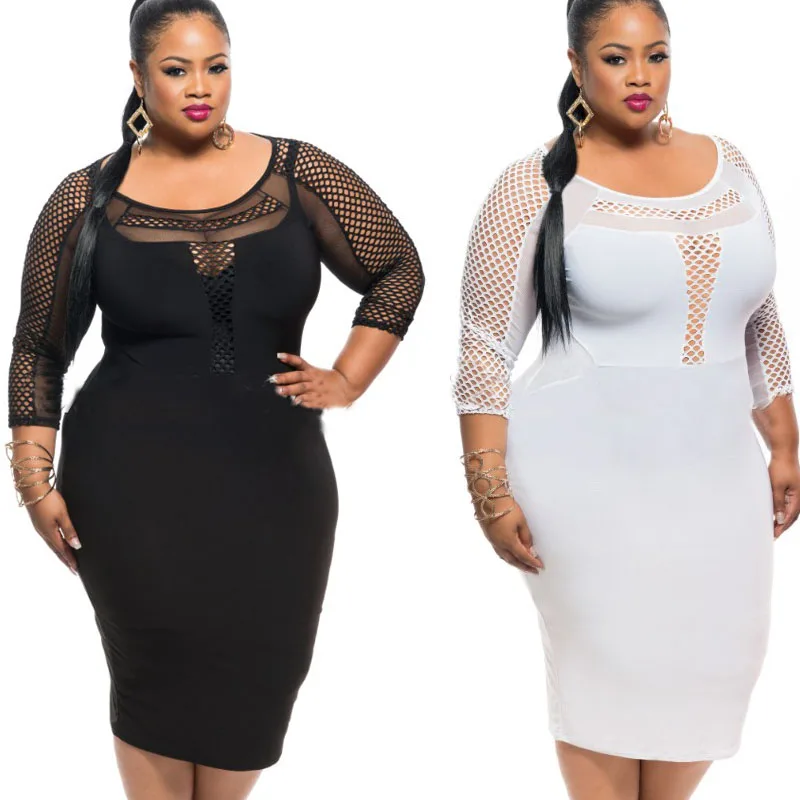 2016 XXL XXXL Sexy Women Plus Size Dress Black White Long Sleeve Mesh