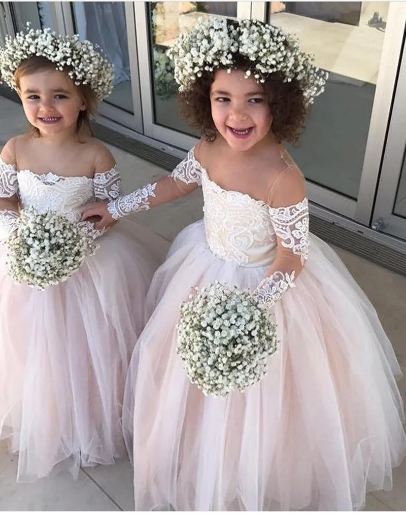 

Princess Ball Gown Tulle Flower Girl Dresses with Long Sleeves Kids Formal Party Gown