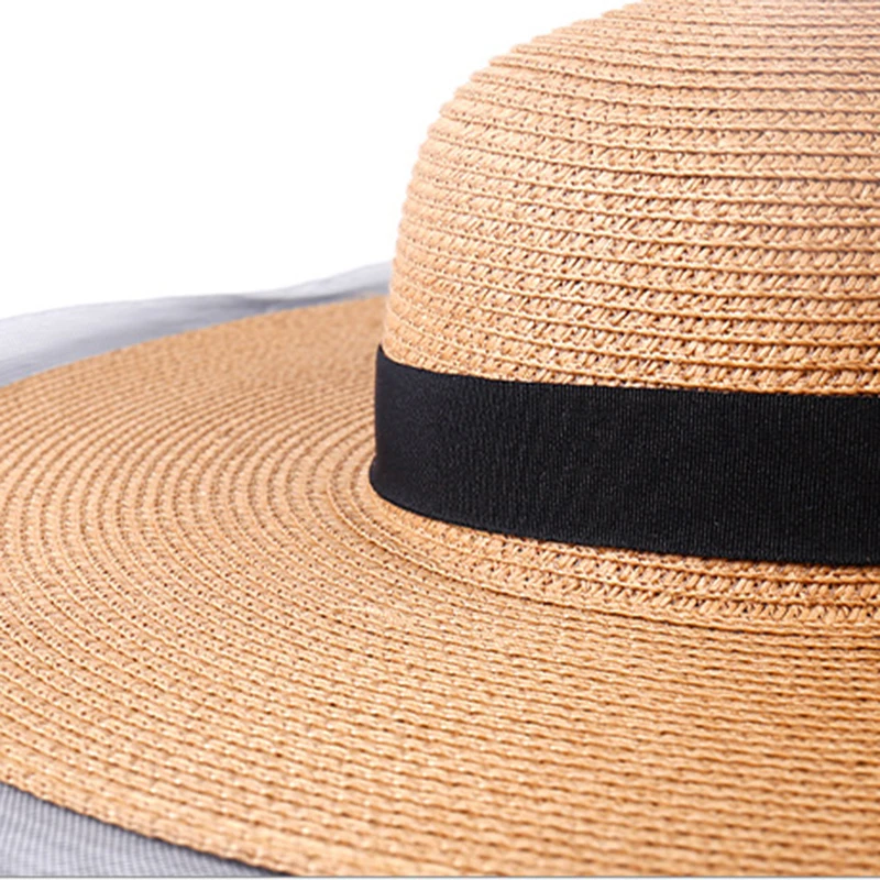 Летняя широкополая шляпа от солнца, соломенная шляпа, летние шляпы для женщин, черная полоса, широкая сторона, тонкая марлевая Лоскутная бумага, плетеная Панама шляпа