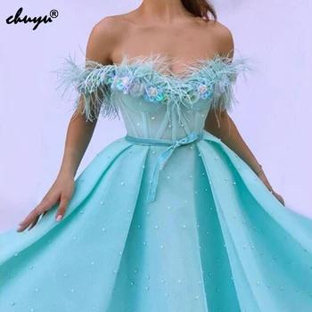 

Sky Blue Muslim Evening Dresses Flowers Feather New Women Formal Gown For Prom Wedding Party Dresses Robe De Soiree