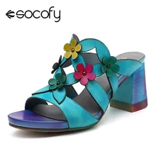Socofy Handmade Flor Mulheres Sapatos de Couro Genuíno Verão Oco Out Vintage Bohemian Chinelos Saltos Altos Mulas Chinelos de Praia