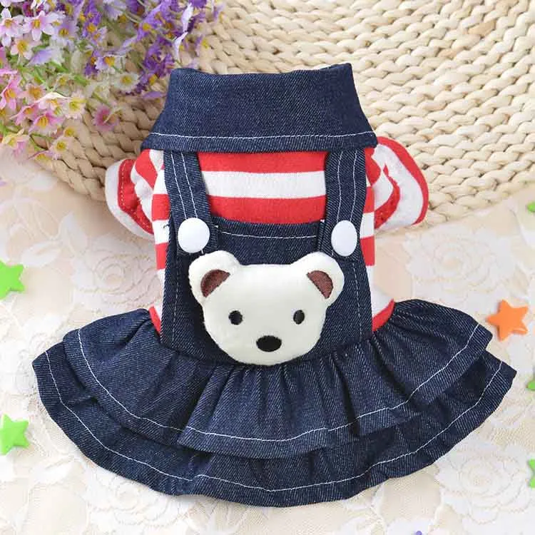 2016 Winter Warm New Dog Dress for Dog Clothes High Quality Jean Pet Clothes Fashion Striped Pets Dogs Princess Dresses Balck Red3