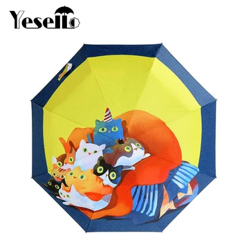 

Yesello Cartoon Cute Cat Three Folding Umbrella 8 Rib Pongee Wind Resistant Frame For Women Girl