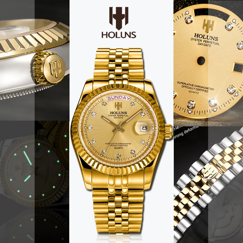 Holuns мужские часы Роскошные Топ брендовые золотые бриллиантовые кварцевые часы из нержавеющей стали с календарем Мужские наручные часы