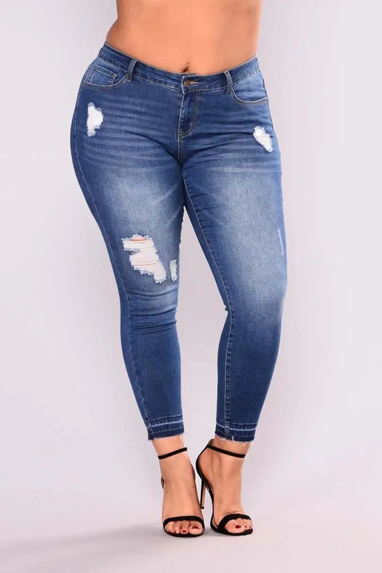 5XL 6XL 7XL размера плюс синие джинсы для женщин Высокая талия стрейч обтягивающие джинсы летние дамские повседневные рваные джинсы пуш-ап узкие брюки - Цвет: Dark blue