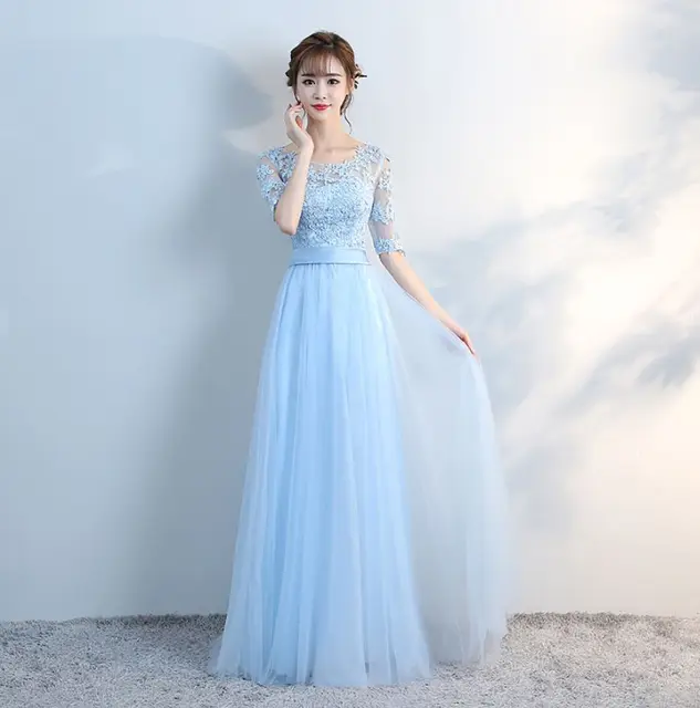 blue bridesmaid dresses with sleeves