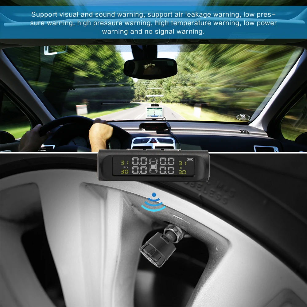 TPMS Tire Pressure Alarm Monitoring System Tyre Pressure Sensor Auto Security Alarm monitor System Solar Power charging For Car 9
