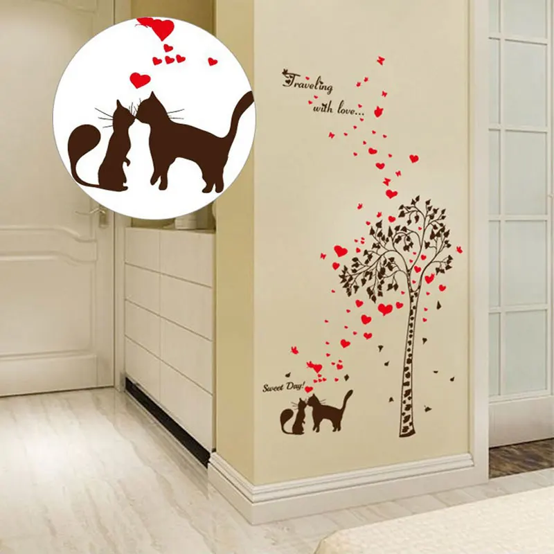 Pareja Gatos árbol de amor etiqueta de la pared TV Fondos pegatinas paredes decoración mural autocollant DIY Decoración para el hogar